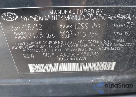 2012 Hyundai Sonata Limited z USA, uszkodzony, nr VIN 5NPEC4AC5CH456242